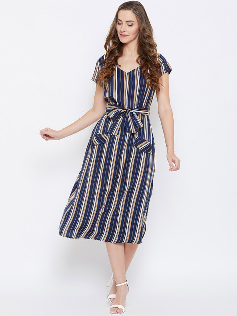 

AASK Women Navy Blue & Beige Striped A-Line Dress