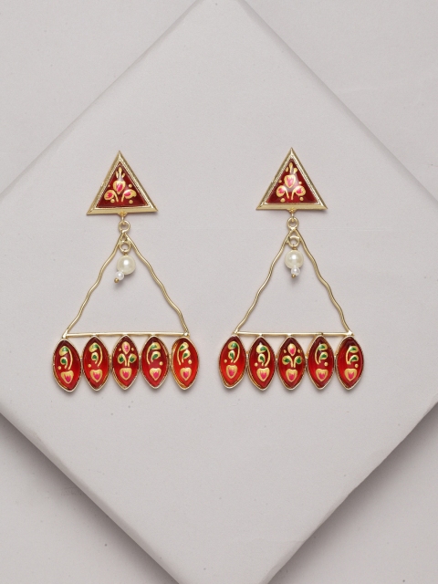 

PANASH Gold-Toned & Red Geometric Drop Earrings