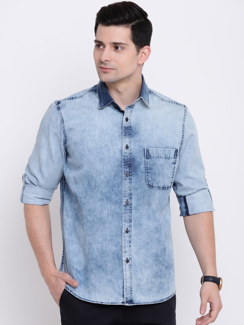 AC&F Men Blue Slim Fit Faded Casual Shirt