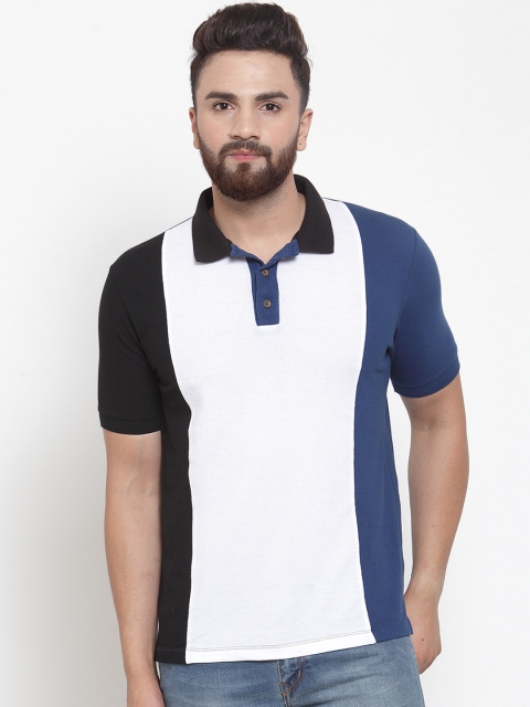 

Kalt Men Blue & White Colourblocked Polo Collar T-shirt