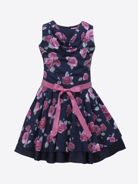 

CUTECUMBER Girls Printed Navy Blue Floral Fit and Flare Dress