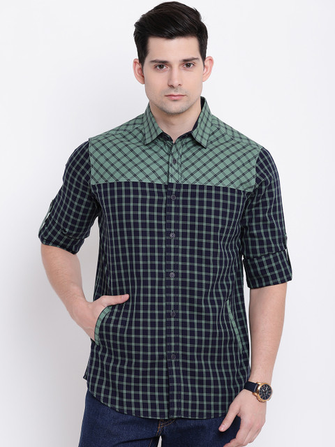 

AC&F Men Green & Navy Blue Regular Fit Checked Casual Shirt