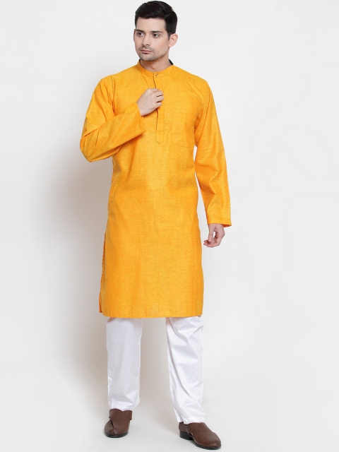 

NEUDIS Men Yellow Solid Jacquard Straight Kurta