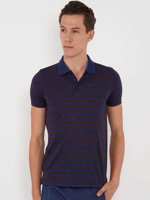 

Sweet Dreams Men Blue & Brown Striped Lounge Tshirt 8907668758019
