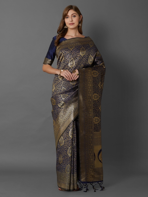 

Mitera Navy Blue & Gold-Toned Silk Blend Woven Design Dharmavaram Saree