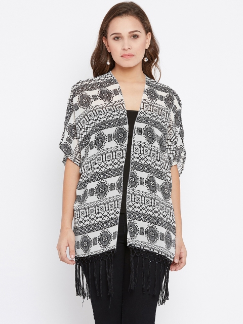 AASK Women Off-White & Black Printed Open Front Shrug