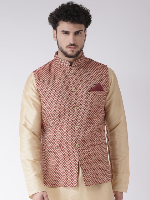 

TABARD Men Maroon and Beige Woven Design Nehru Jacket