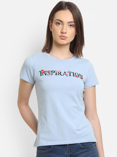 

COVER STORY Women Blue Printed Round Neck T-shirt