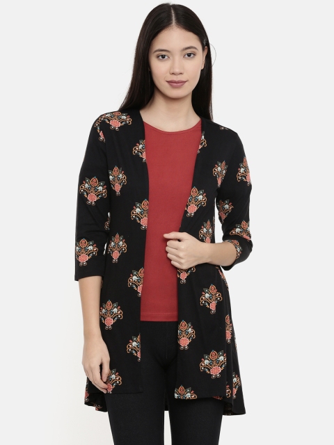 

Chumbak Women Black & Orange Printed Open Front Shrug