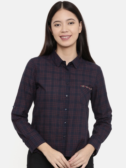 

Chumbak Women Navy Blue & Red Regular Fit Checked Casual Shirt with Embroidered Deatils