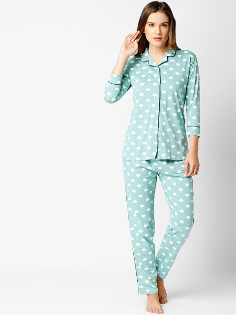 

I like me Women Sea Green & White Printed Night Suit