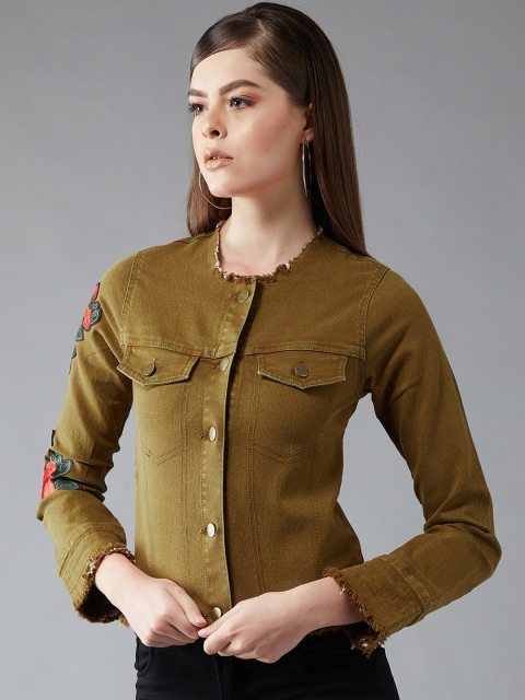 

DOLCE CRUDO Women Olive Green Solid Denim Jacket