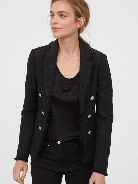 

H&M Women Black Textured Wool-Blend Blazer