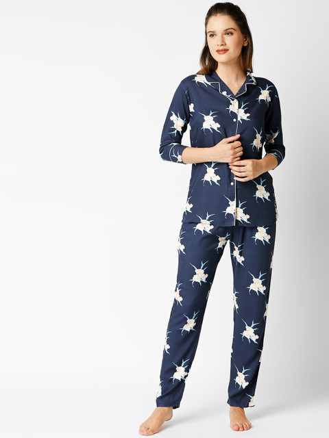 

I like me Women Navy Blue & White Floral Printed Night Suit