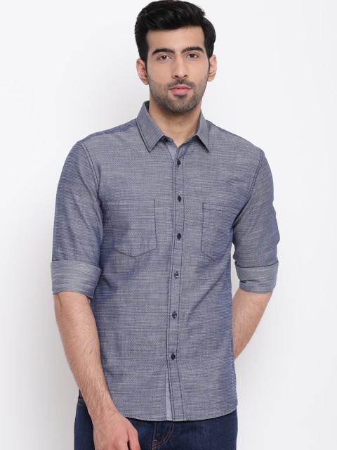 

AC&F Men Blue Slim Fit Printed Casual Shirt