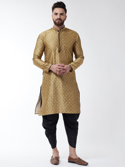 

SOJANYA Men Gold-Coloured & Black Self Design Kurta with Dhoti Pants