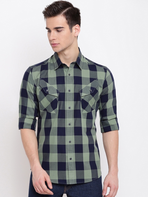 

AC&F Men Green & Navy Blue Slim Fit Checked Casual Shirt
