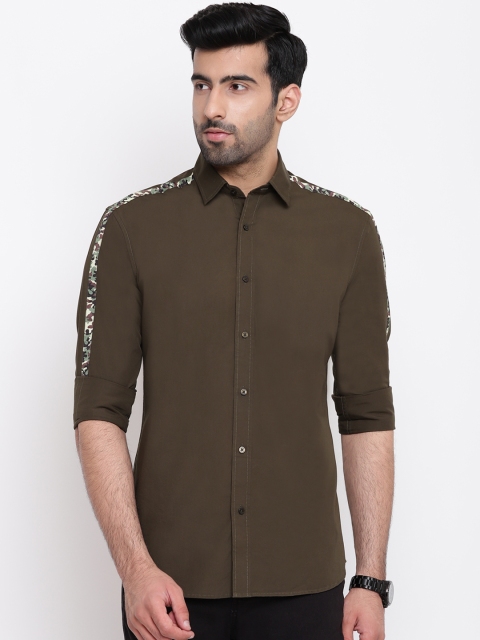 

AC&F Men Olive Green Slim Fit Solid Casual Shirt