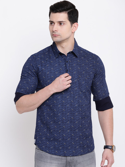 

AC&F Men Navy Blue Slim Fit Printed Casual Shirt