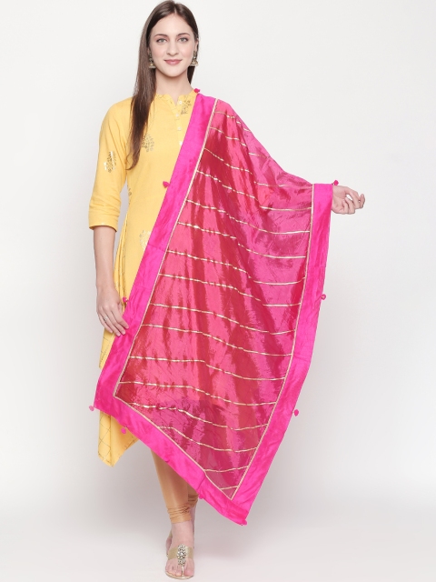 

Dupatta Bazaar Pink & Gold-Toned Striped Dupatta with Gotta Lace