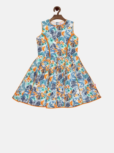 

First Kick Girls Multicoloured Tropical Printed Fit and Flare Dress, Multi