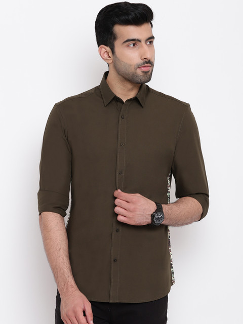 

AC&F Men Olive Green Slim Fit Solid Casual Shirt