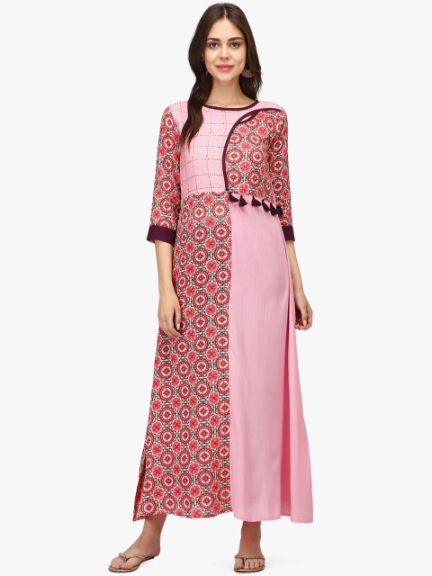 

Adizya Women Pink Printed Hand Embroidered Detail A-Line Kurta