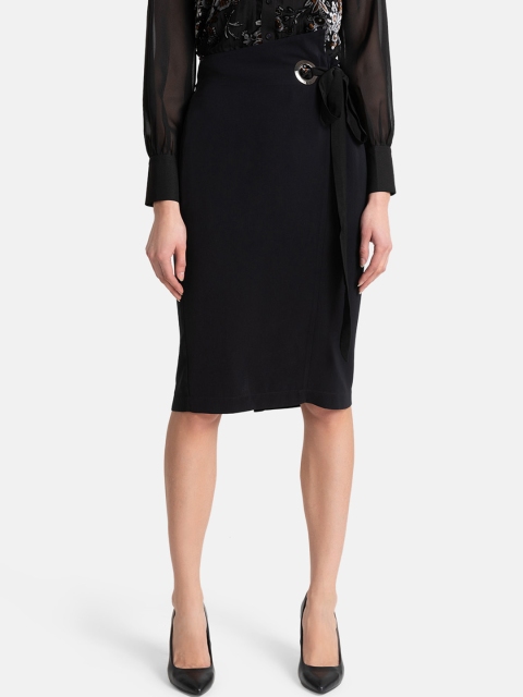 Kazo Women Black Solid Straight Knee-Length Skirt
