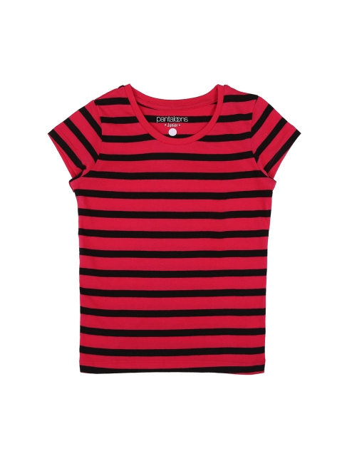 

CHALK by Pantaloons Girls Fuchsia Pink Black Striped Round Neck Pure Cotton T-shirt