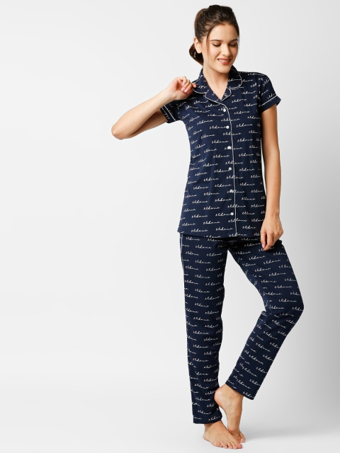 

I like me Women Navy Blue & White Printed Night Suit