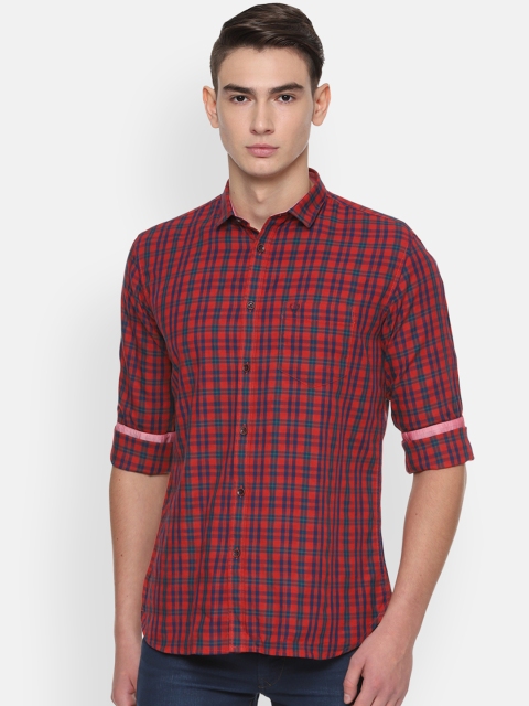 

Allen Solly Men Orange & Navy Blue Slim Fit Checked Casual Shirt, Red