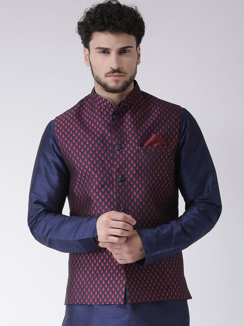 

TABARD Men Navy Blue & Red Woven Design Nehru Jacket