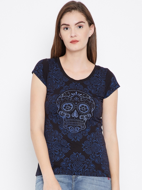 

PUNK Women Black & Blue Printed Scoop Neck T-shirt