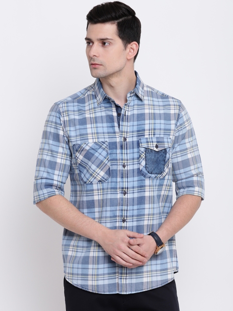 

AC&F Men Blue Slim Fit Checked Casual Shirt