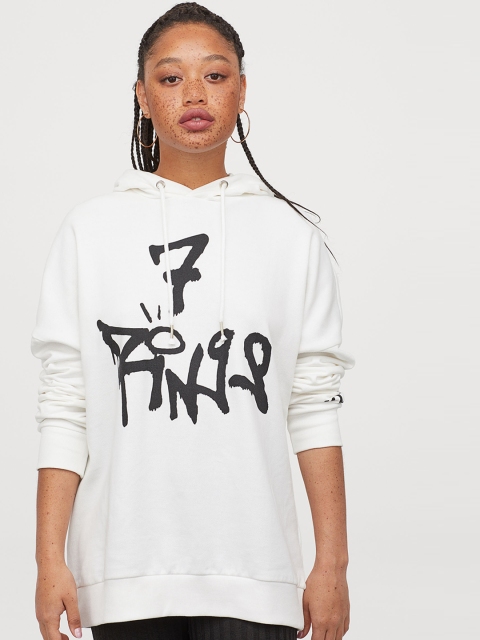 

H&M Women White Printed Oversized Hooded Sweatshirt