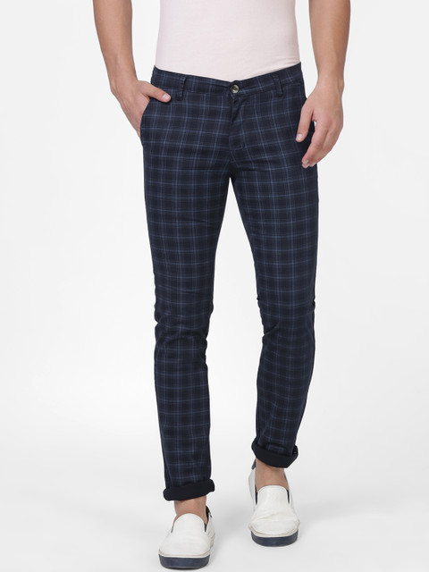 

NO NEXT Men Navy Blue Smart Slim Fit Checked Regular Trousers