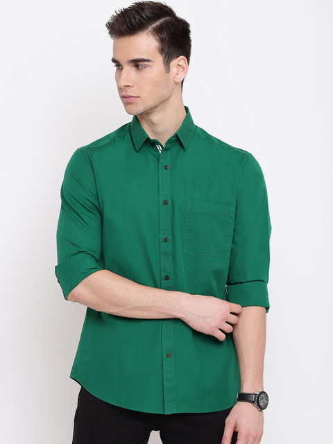 

AC&F Men Green Slim Fit Solid Casual Shirt