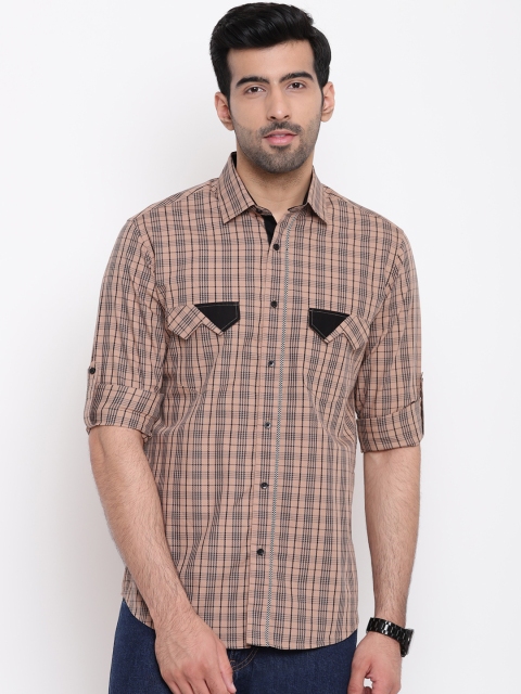 

AC&F Men Beige & Blue Regular Fit Checked Casual Shirt