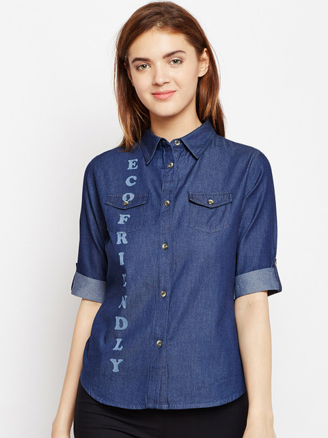 

AASK Women Blue Comfort Regular Fit Printed Casual Denim Shirt