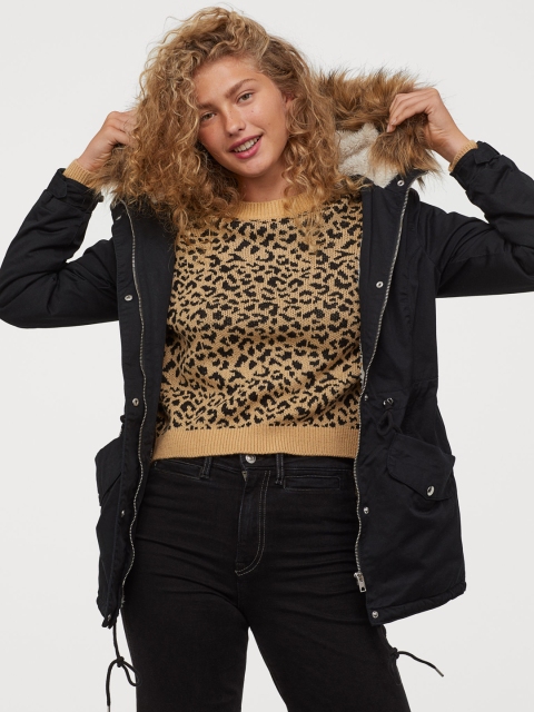 

H&M Women Black Solid Pile-Lined Parka