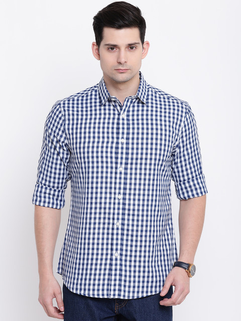 

AC&F Men Navy Blue & White Slim Fit Checked Casual Shirt