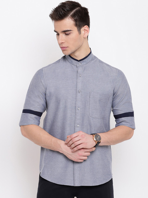 

AC&F Men Blue Slim Fit Solid Casual Shirt