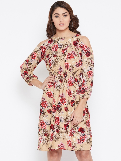 

AASK Women Cream-Coloured & Red Floral Printed Fit and Flare Dress