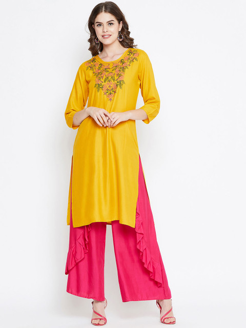 

rangeelo rajasthan Women Yellow Floral Yoke Design Straight Kurta