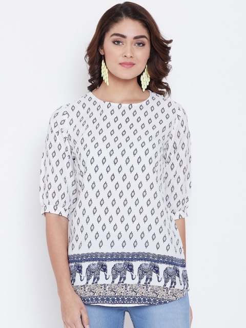 

AASK Women White & Blue Printed Longline Top