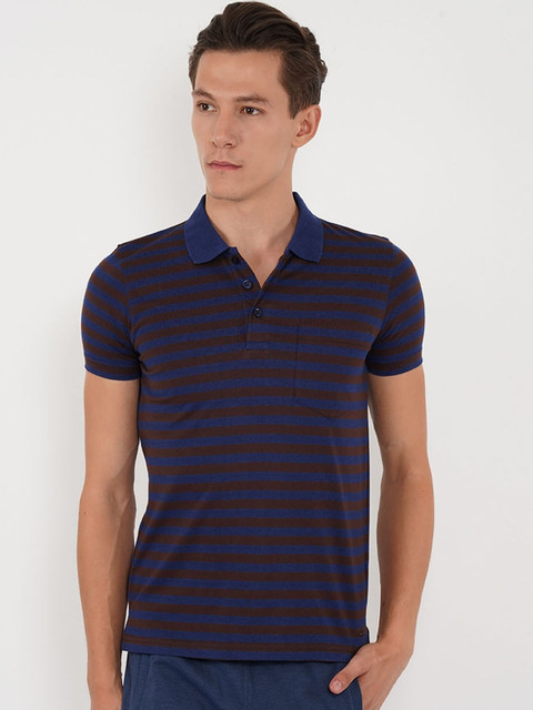 

Sweet Dreams Men Blue & Brown Striped Polo Collar Lounge Tshirt