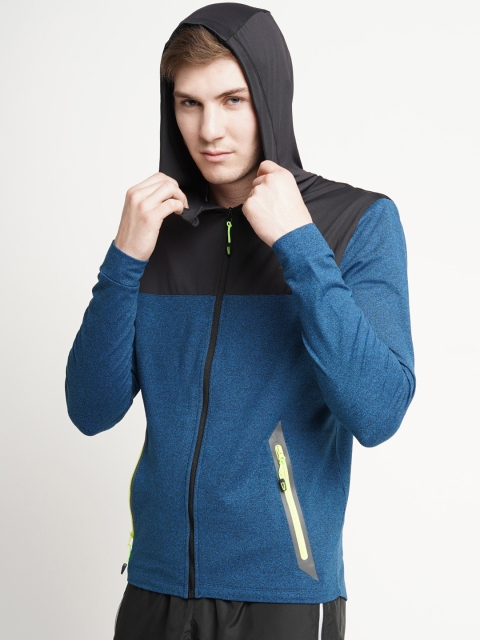 

4F Men Dark Blue Melange & Grey Colourblocked Hooded Sweatshirt, Navy blue