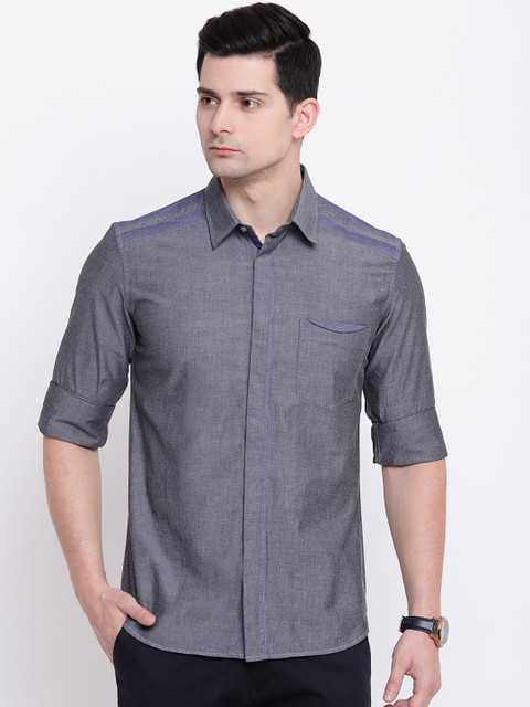

AC&F Men Grey Slim Fit Solid Casual Shirt