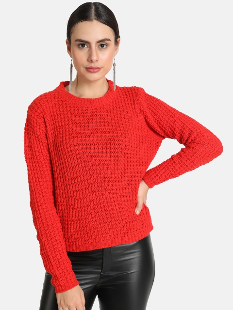 

VividArtsy Women Orange Self-Design Sweater, Red