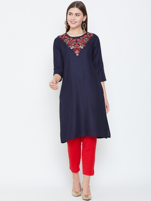 

rangeelo rajasthan Women Navy Blue Floral Embroidered Straight Kurta